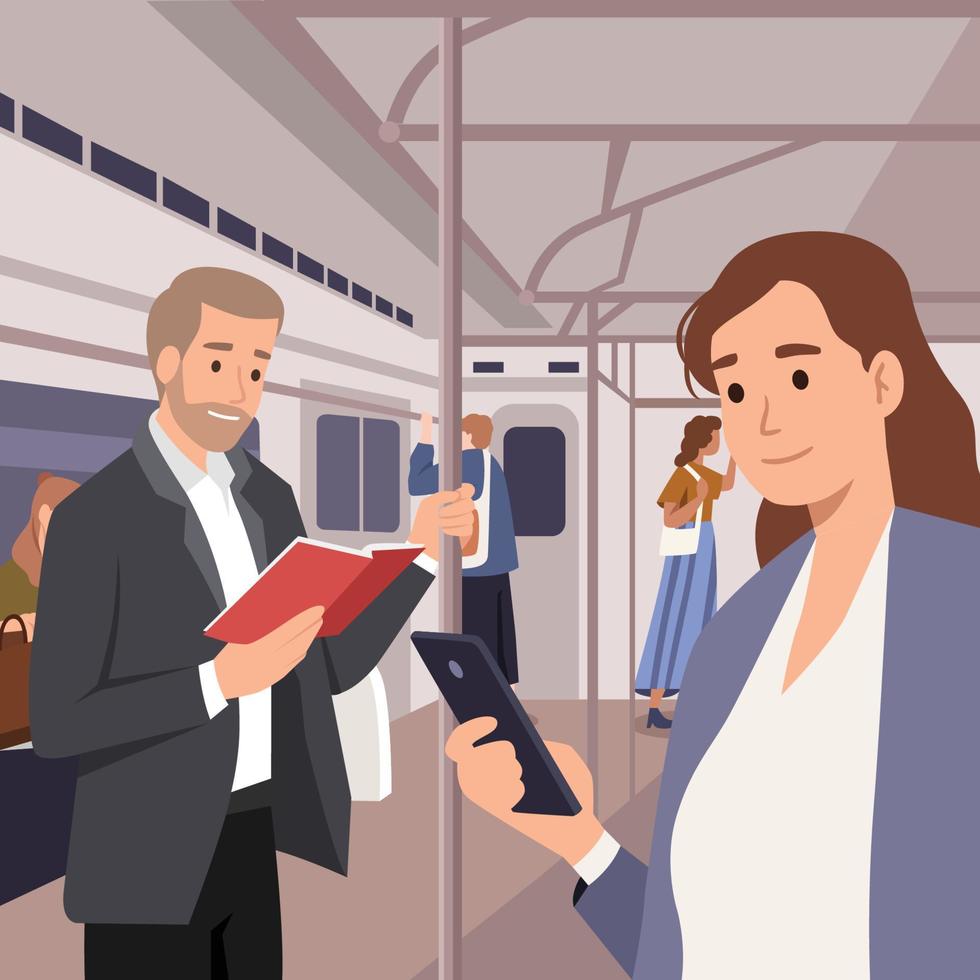 A propos people in subway train bus tram public transport activities man reading book woman holding her phone inside metro train going home from work flat illustration vector